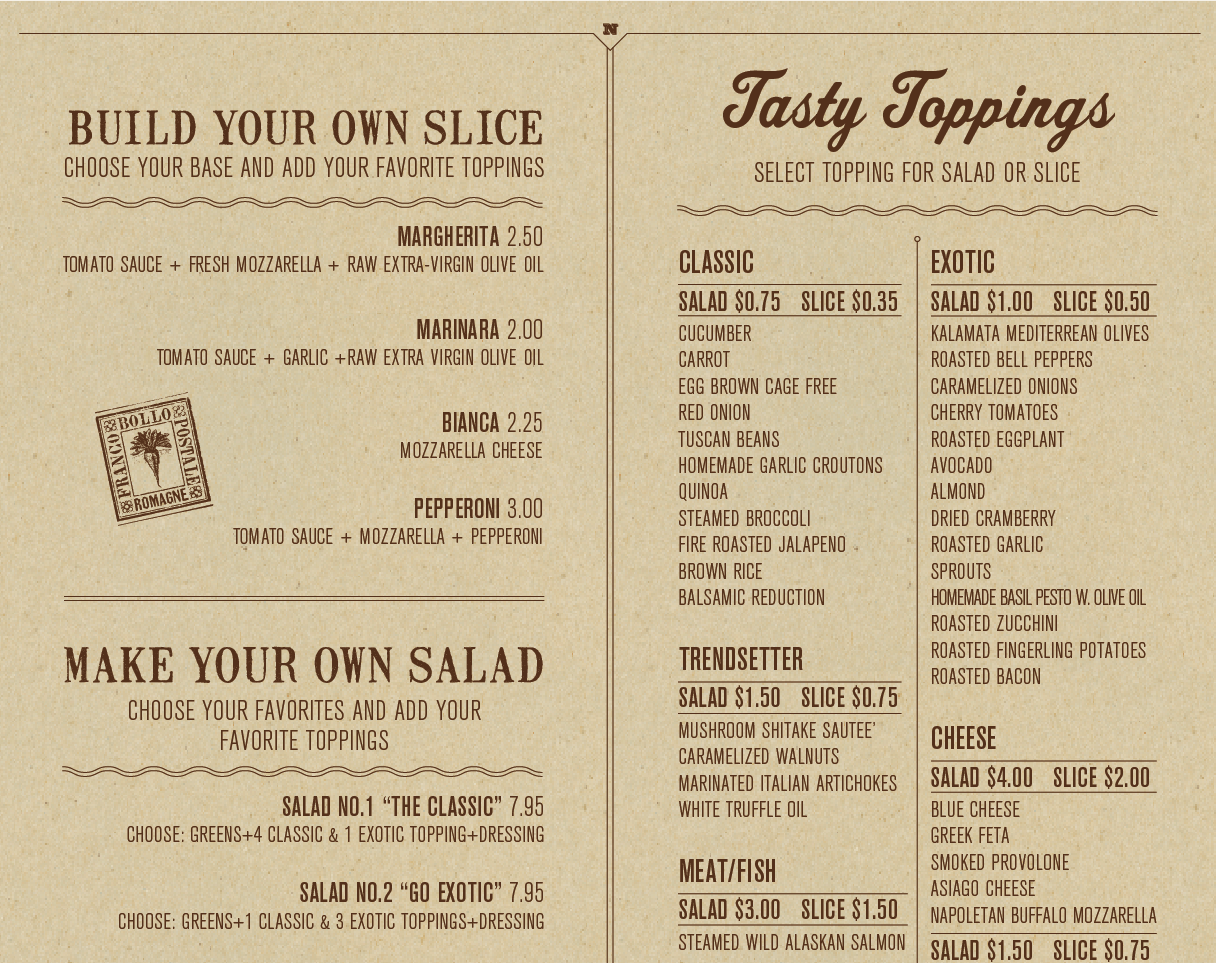 Napizza Table Menu