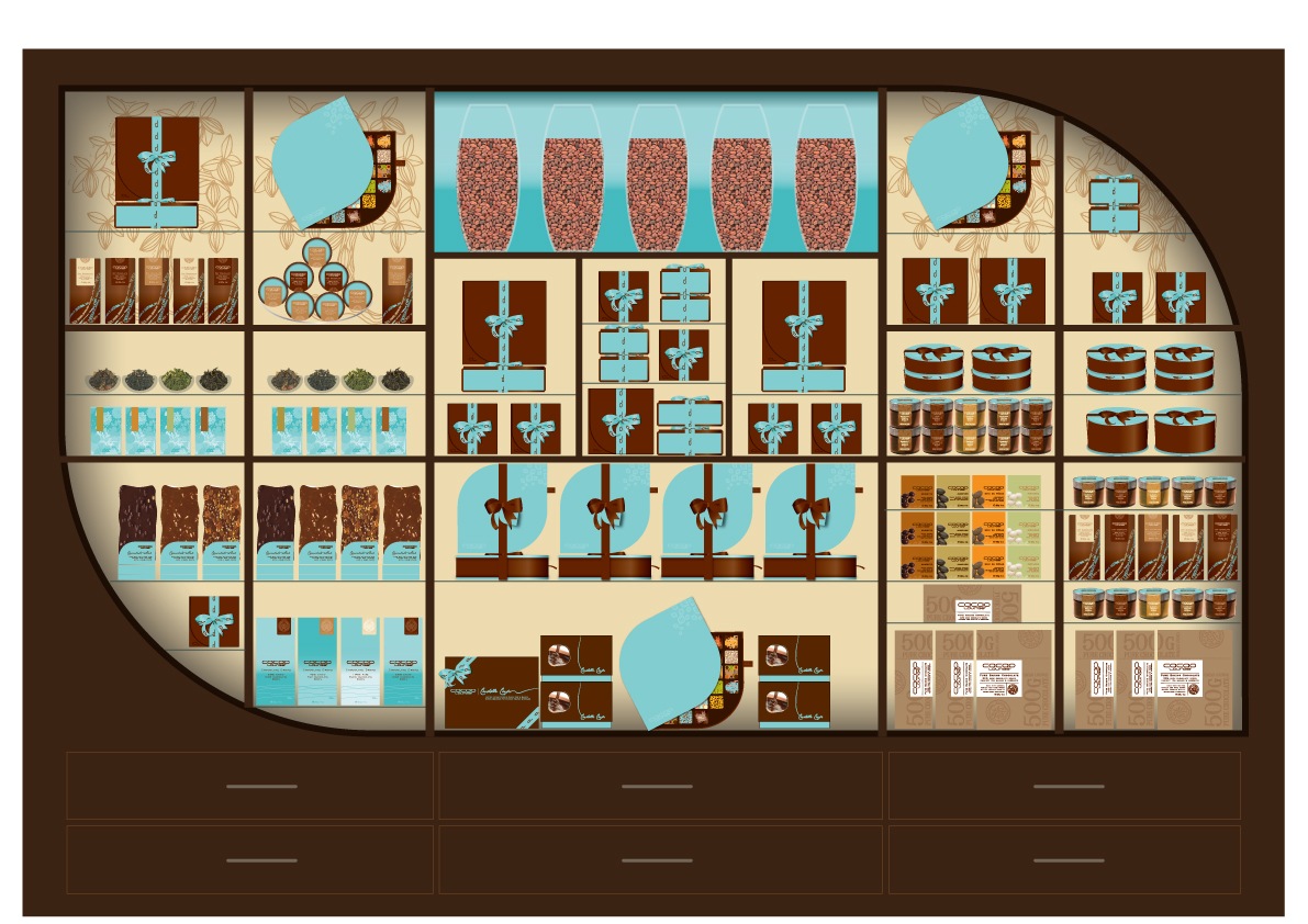 Layout Planogram. Panache Planogram. Chocolate Lounge Cafe. Curtain shop Design.